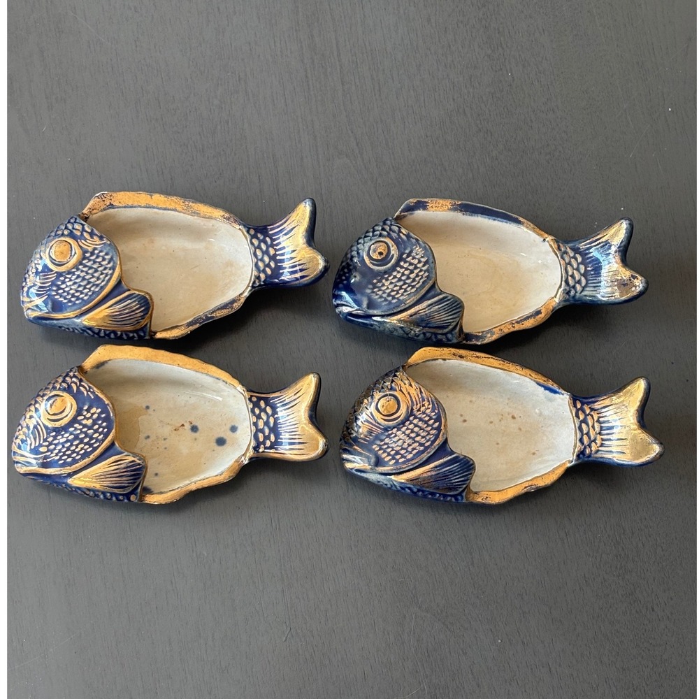 Vintage Cobalt Blue Gold Ceramic Fish Trinket Dish Salt Cellar Set of 4